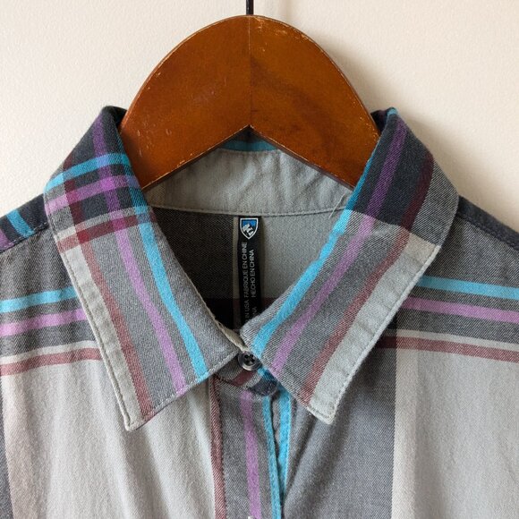Kuhl cotton blend flannel in gray plaid with blue and purple stripes, size XS - Picture 3 of 10